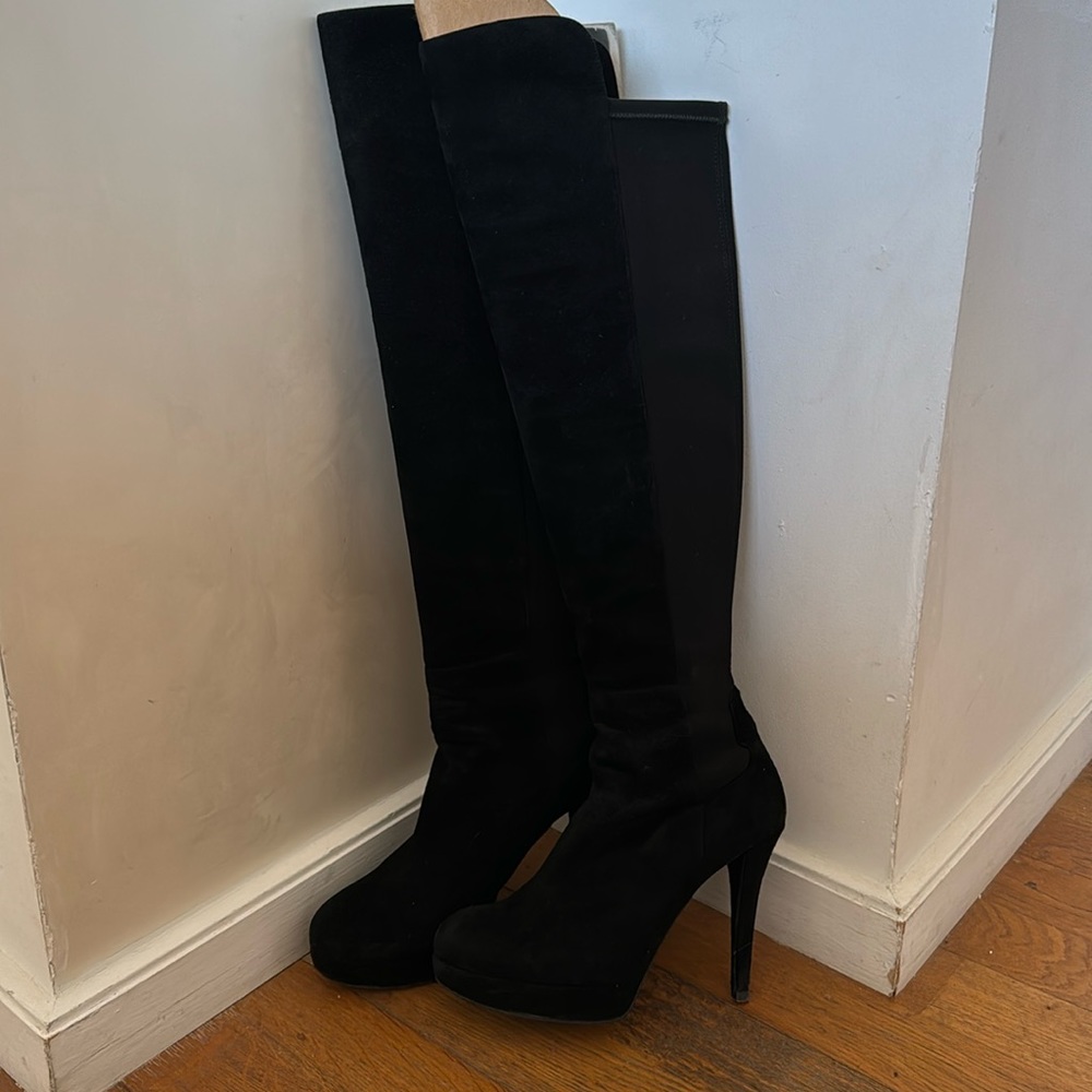 Stuart Weitzman Black Suede Over-the-Knee Heeled Boots